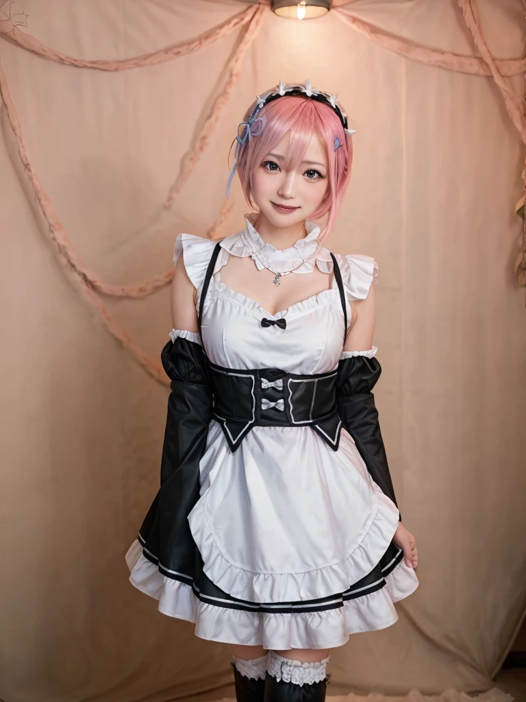 Accurate depiction with high resolution,(8K, Photorealistic, Raw photo, of the highest quality: 1.3), (1girl in), Super beautiful, (Realistic face), (boyish, pink Color Berry Shorthair), Beautiful , Glare that captivates the viewer, Beautiful expression, Beautiful breasts, (Realistic skin), Be...Create a detailed and colorful image of Ram and Rem from Re:Zero, standing back-to-back in their maid outfits, with a magical fantasy background、14years old, two girls,cute, perfect face, beautiful, nice body, gothic ta clothes, gothic loliashion, frilly skirt, headdress, necklace, bracelet, knee-high socks, boots, double eyelids, tear bags, Detailed down to the fingers, photo-like description, indoors, dim indoor lighting, one girl is pink hair and short bob, another girl is light blue hair and short bob,standing,whole body, composition that shows the whole body, smiling,The Both of them are wearing the same type of maid outfit,Optimal ratio of 4 fingers and 1 thumb,walking
