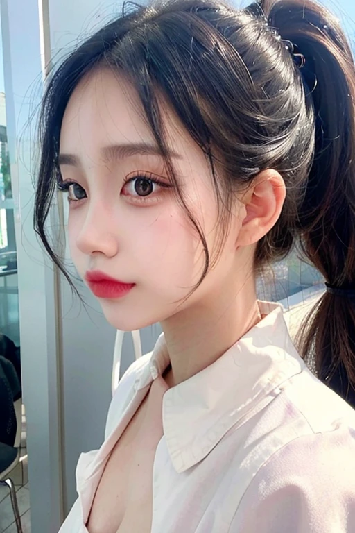 Masterpiece, Best Quality, 1girls, profile, ponytail, updo hair, nape of neck, pink lips, slightly upturned nose, long eyelashes, realistic skin texture, attractive face, blurred, white background,cafe