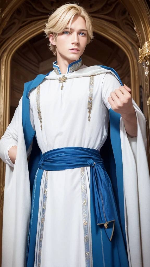 a medieval prince-like man with blond hair, blue eyes and white skin dressed as a prince