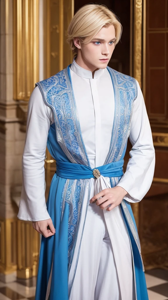 a medieval prince-like man with blond hair, blue eyes and white skin dressed as a prince