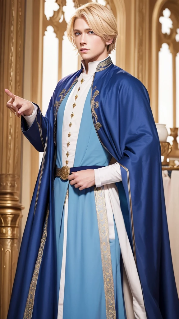 a medieval prince-like man with blond hair, blue eyes and white skin dressed as a prince