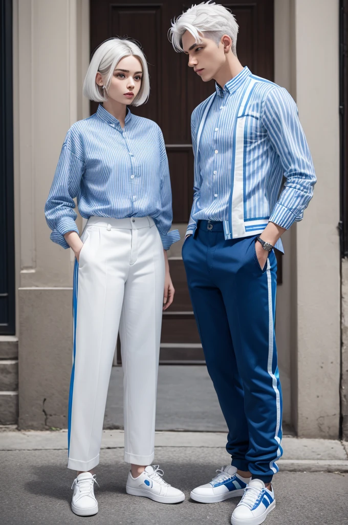A male character with white hair, a blouse with blue and white stripes, pants with blue on the front and brown on the back and blue sneakers with black