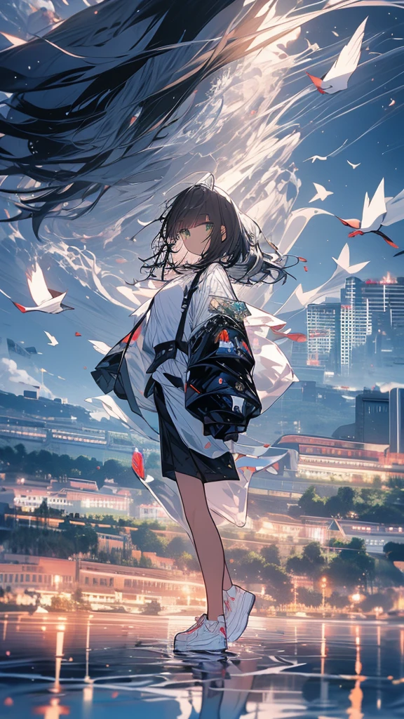 monochrome color、masterpiece, Exquisite detail,Highest quality, One girl, alone, handrail, cloud, Looking up at the buildings,NULL, Long sleeve, Power lines, White footwear, Black Hair, View your viewers, Electric pole, bangs, cloudy NULL, fish, bird, Green Eyes, Shorts, Day, Black Shirt, barefoot,Whale flying in the sky,Giant whale,night,star,milky way,night,Pitch black,Buildings,立っている
