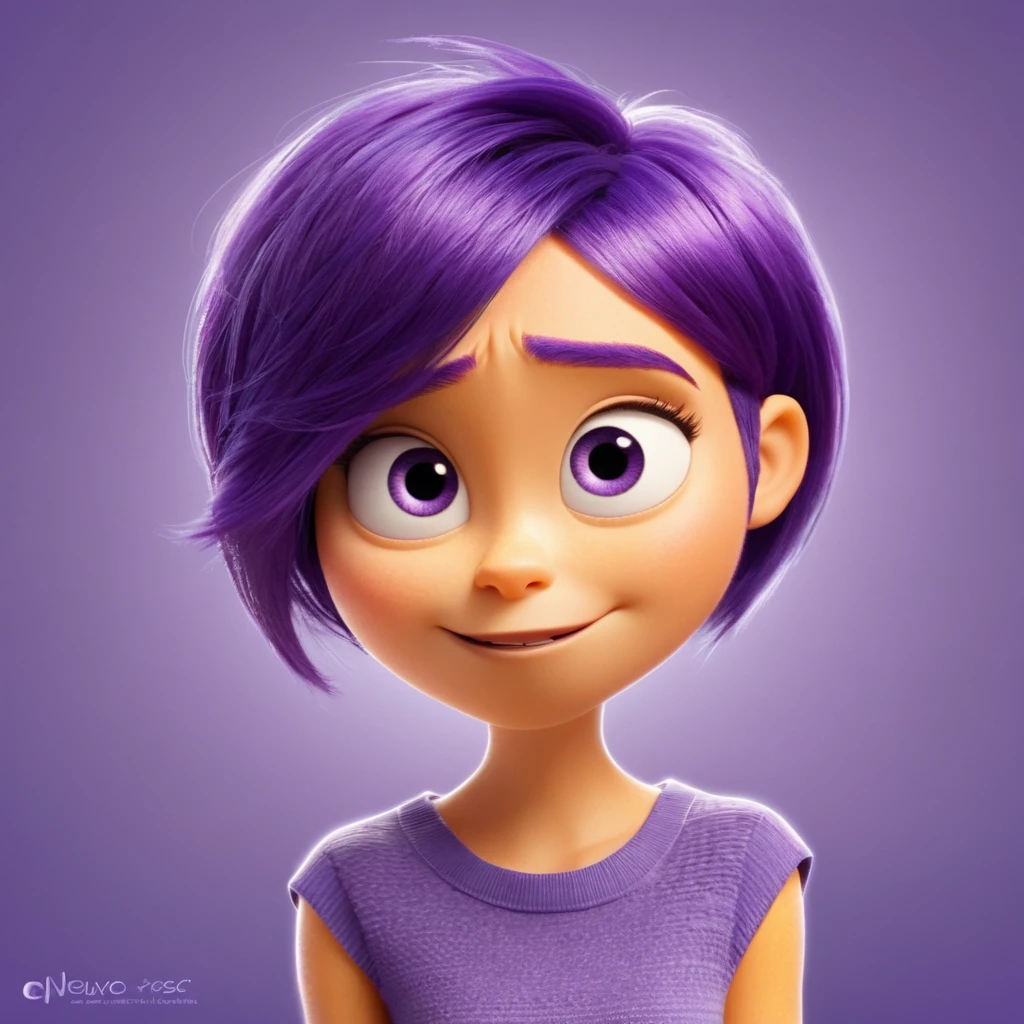 "Courage" character inspired by the film "Inside Out", emotion style, orange skin, purple short hair, female character, pixar style.