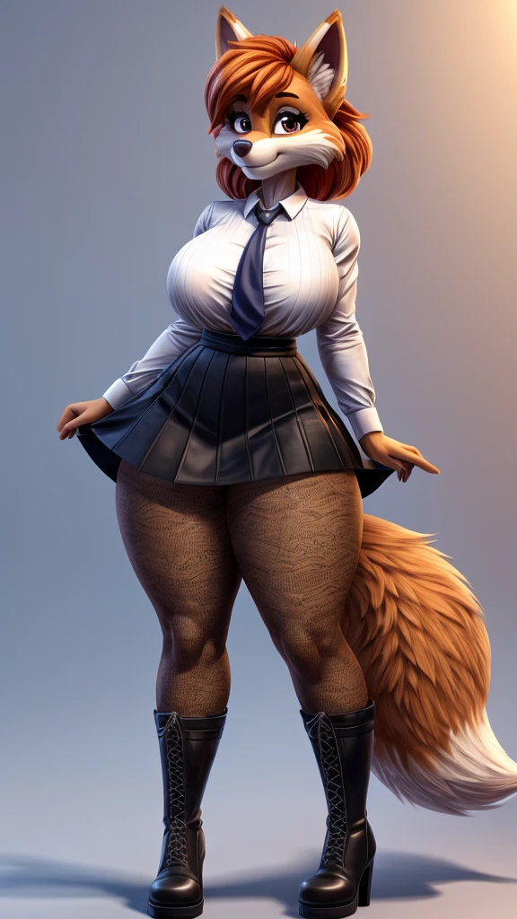 Skye from Paw Patrol, as a mature adult female mommy fox, fluffy flowy ginger orange hair, magenta iris, 6ft 5in tall, big breasts, big butt, thick thighs, balanced body type, white shirt with black tie, black skirt, black pantyhose, boots, detailed, standing, solo, beautiful, high quality, awesome texture, clear background, great hair, fluffy tail, 4K