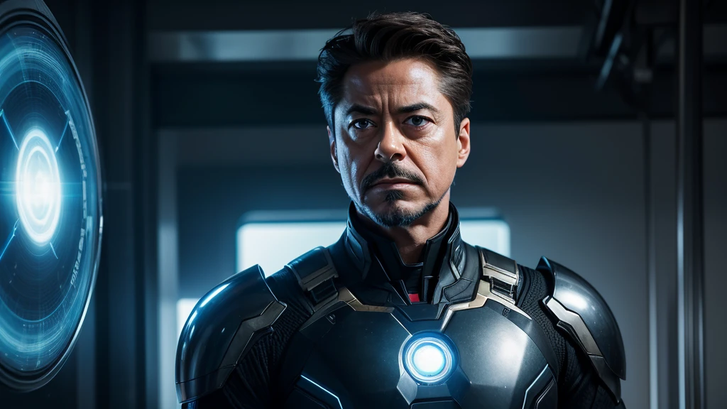 Tony Stark stands tall, dressed in an elegant suit that reflects his image as a sophisticated businessman. His eyes, intense and thoughtful, gaze ahead with a mix of determination and contemplation. Sunlight filters through the surroundings, creating a play of shadows that dance across Tony's face, highlighting his strong features and well-groomed beard. He tilts his head slightly, as if absorbing the moment's significance. The lines on his face show a mixture of admiration and reflection, as if finding a point of connection between his own life and deeper philosophical thoughts.Next to him, a holographic screen projected by ZipLinux 8 displays detailed information and various analytical data. ZipLinux 8, the latest operating system developed by Tony Stark, analyzes and compiles data in real-time, offering insights and information. The holographic interface floats in the air, with graphics and texts rearranging themselves as Stark interacts with them, gently touching the projections to access more details.ZipLinux 8 narrates with a calm, robotic voice, highlighting passages and data that resonate with Stark's personal and professional experiences. The advanced technology creates a link between past knowledge and future innovation, seamlessly blending philosophy with cutting-edge development.Absorbed in thought, Stark murmurs to himself, "The true measure of a man is how he faces adversity, whether commanding an empire or developing new technology."