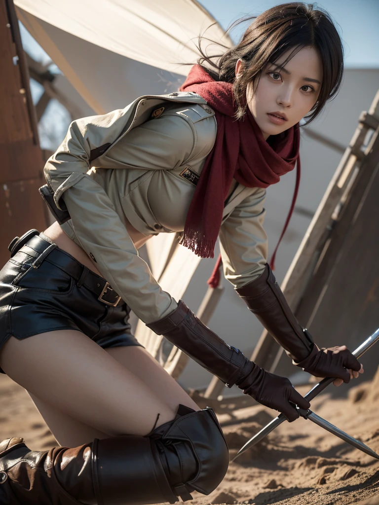Draw Mikasa Ackerman, an iconic character from anime and manga "shingeki no kyojin" (Attack on Titan). She is known for her strength, agility and unwavering loyalty to your friends.Physical Details:muka:determined and serious expression.large, expressive eyes, usually showing a cold intensity.Bblack hair, smooth and short, usually cut at chin length with a slightly side-swept fringe.badass clothing:Uniform of the Exploration Troop (Survey Corps):Short brown jacket with the Survey Corps emblem on the sleeves and back.white shirt under the jacket.red scarf, an iconic item that Mikasa always uses, wrapped around the neck.Fitted beige pants.brown leather boots, highres, up to the knees.Fixtures:Fixtures de Manobra Tridimensional (3D Maneuver Gear):Attached to the waist and legs, with twin blades and propulsion hooks.Gas tubes and levers to control movements.Posture and Action:Mikasa may be in a combat stance, with one blade in a defensive position and the other ready to attack.Alternatively, it can be drawn in motion, utilizando o Fixtures de Manobra Tridimensional, with hooks thrown and the body leaning forward, indicating speed and agility.scenario:The setting may be a city in ruins, typical of battlefields in "shingeki no kyojin".Additional details may include titans in the background or teammates in action.Colors and Shadows:Use a sober and realistic color palette, highlighting the red of the scarf and the brown of the jacket.Add dramatic shadows to enhance the intensity and dynamism of the scene.