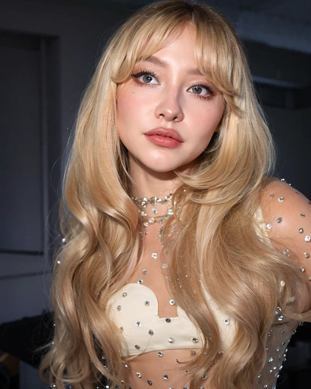 blonde woman with long hair and white dress posing for a photo, A girl with blonde hair, with long blonde hair, linda mulher sul-korean, parque roseanne de blackpink, long blonde hair and big eyes, white hime cut hairstyle, fair skin curly blonde hair, with white long hair, Linda jovem korean, korean, Heonhwa Choe