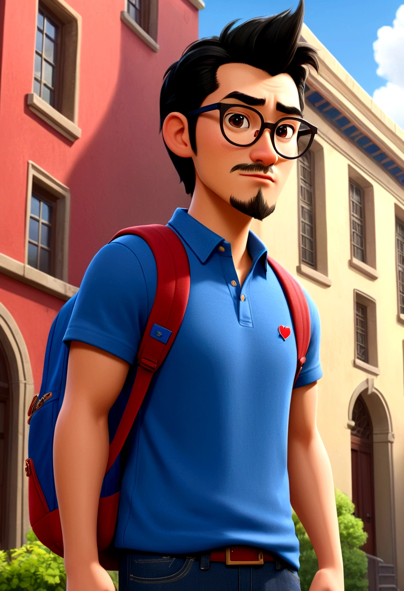 A cartoon boy with glasses and a backpack standing in front of a building THIRTY FIVE year old man, Cao Cao, Growing beard and short black hair half spiky Scenario, With glasses, BROWN COLOR, large nose, with hole in the chin, Adam's apple evident, not disney pixar style, wearing a blue polo shirt with a red heart on the left chest, with dark blue jeans