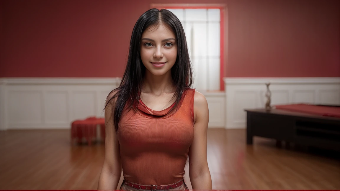 8k, masterpiece, RAW photo, best quality, photorealistic, extremely detailed CG unity 8k wallpaper, Depth of field, Cinematic Light, Lens Flare, Ray tracing, (extremely beautiful face, beautiful lips, beautiful eyes), intricate detail face, ((ultra detailed skin)), ((1girl:1.9)), ((standing alone:1.9)), ((17years old)), (beautiful and aesthetic:1.2), (big smile:1.2), deep shadow, (sharp focus), [((Nonie-Elizabeth-Dilla:1.9))], pretty girl, (very slim slender fit-muscled body:1.9), (((Fashionista-style (red:1.5) fashion:1.9))), (ultra-short-skirt), (((minimalist indoor background:1.9))), (shiny skin), clear eyes, (pale skin), soft lighting, ((flowing dark-black hair:1.9)), (looking at viewer:1.9), cleavage breasts, (large breasts:1.6), highly detailed, ultra realistic, extremely detailed and realistic ((red:1.9)) clothes.