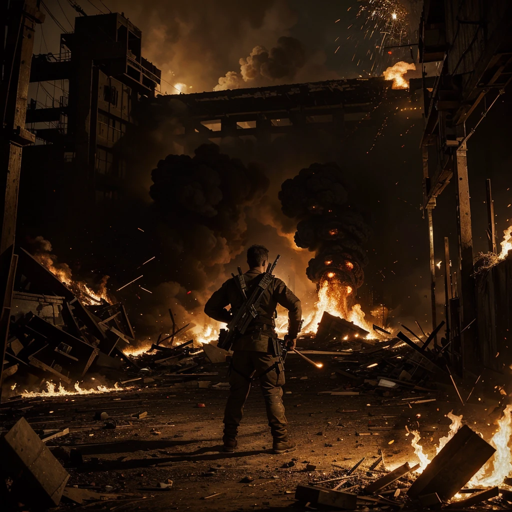 ((Best Quality)), ((Masterpiece)), (detailed), first person war, Explosions, fire, destruction, shots, Weapons, blood, Bodies