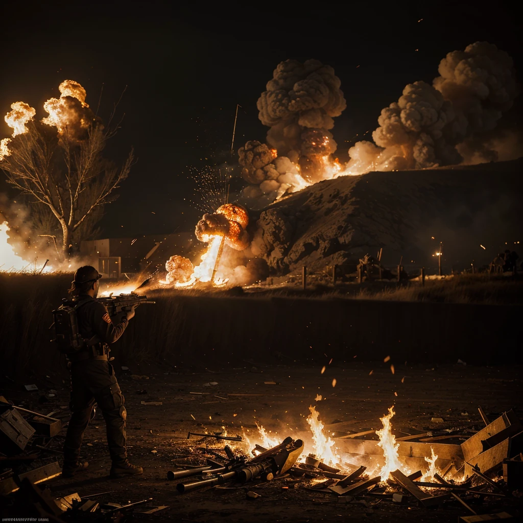 ((Best Quality)), ((Masterpiece)), (detailed), first person war, Explosions, fire, destruction, shots, Weapons, blood, Bodies