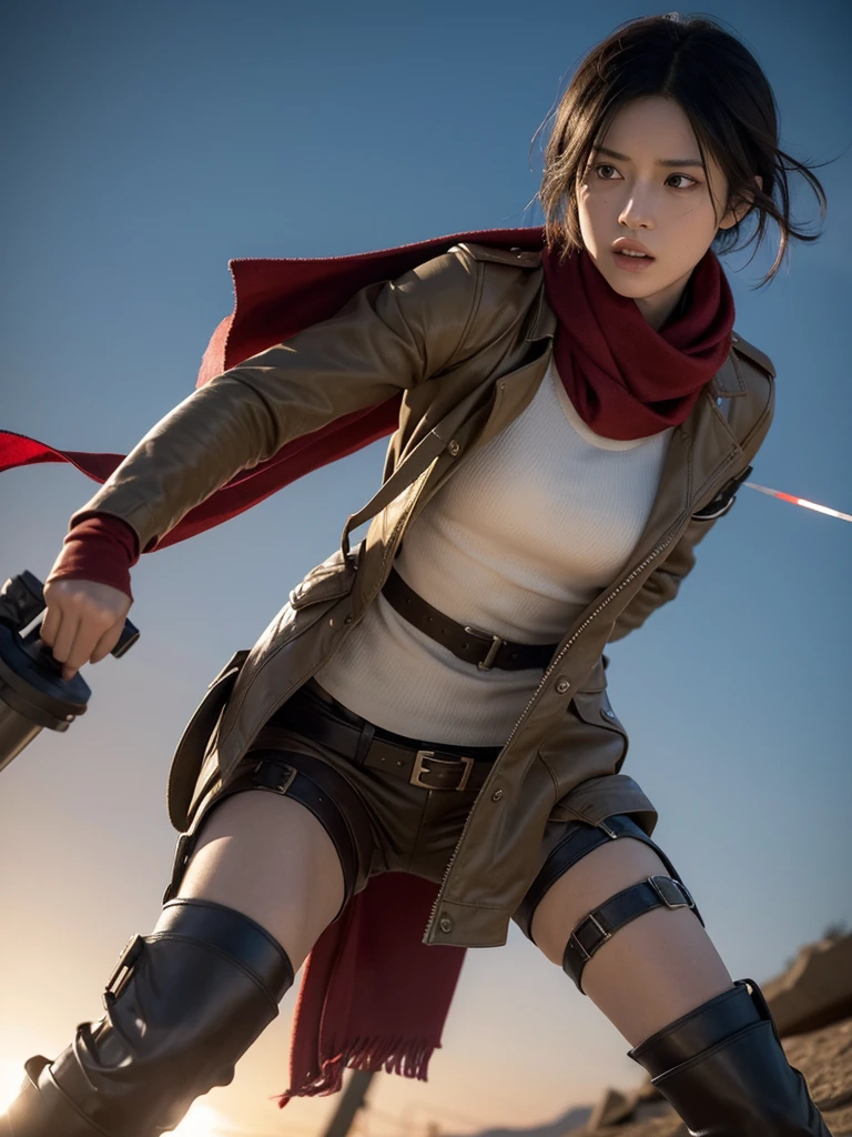 Draw Mikasa Ackerman, an iconic character from anime and manga "shingeki no kyojin" (Attack on Titan). She is known for her strength, agility and unwavering loyalty to your friends.Physical Details:muka:determined and serious expression.large, expressive eyes, usually showing a cold intensity.Bblack hair, smooth and short, usually cut at chin length with a slightly side-swept fringe.badass clothing:Uniform of the Exploration Troop (Survey Corps):Short brown jacket with the Survey Corps emblem on the sleeves and back.white shirt under the jacket.red scarf, an iconic item that Mikasa always uses, wrapped around the neck.Fitted beige pants.brown leather boots, highres, up to the knees.Fixtures:Fixtures de Manobra Tridimensional (3D Maneuver Gear):Attached to the waist and legs, with twin blades and propulsion hooks.Gas tubes and levers to control movements.Posture and Action:Mikasa may be in a combat stance, with one blade in a defensive position and the other ready to attack.Alternatively, it can be drawn in motion, utilizando o Fixtures de Manobra Tridimensional, with hooks thrown and the body leaning forward, indicating speed and agility.scenario:The setting may be a city in ruins, typical of battlefields in "shingeki no kyojin".Additional details may include titans in the background or teammates in action.Colors and Shadows:Use a sober and realistic color palette, highlighting the red of the scarf and the brown of the jacket.Add dramatic shadows to enhance the intensity and dynamism of the scene.