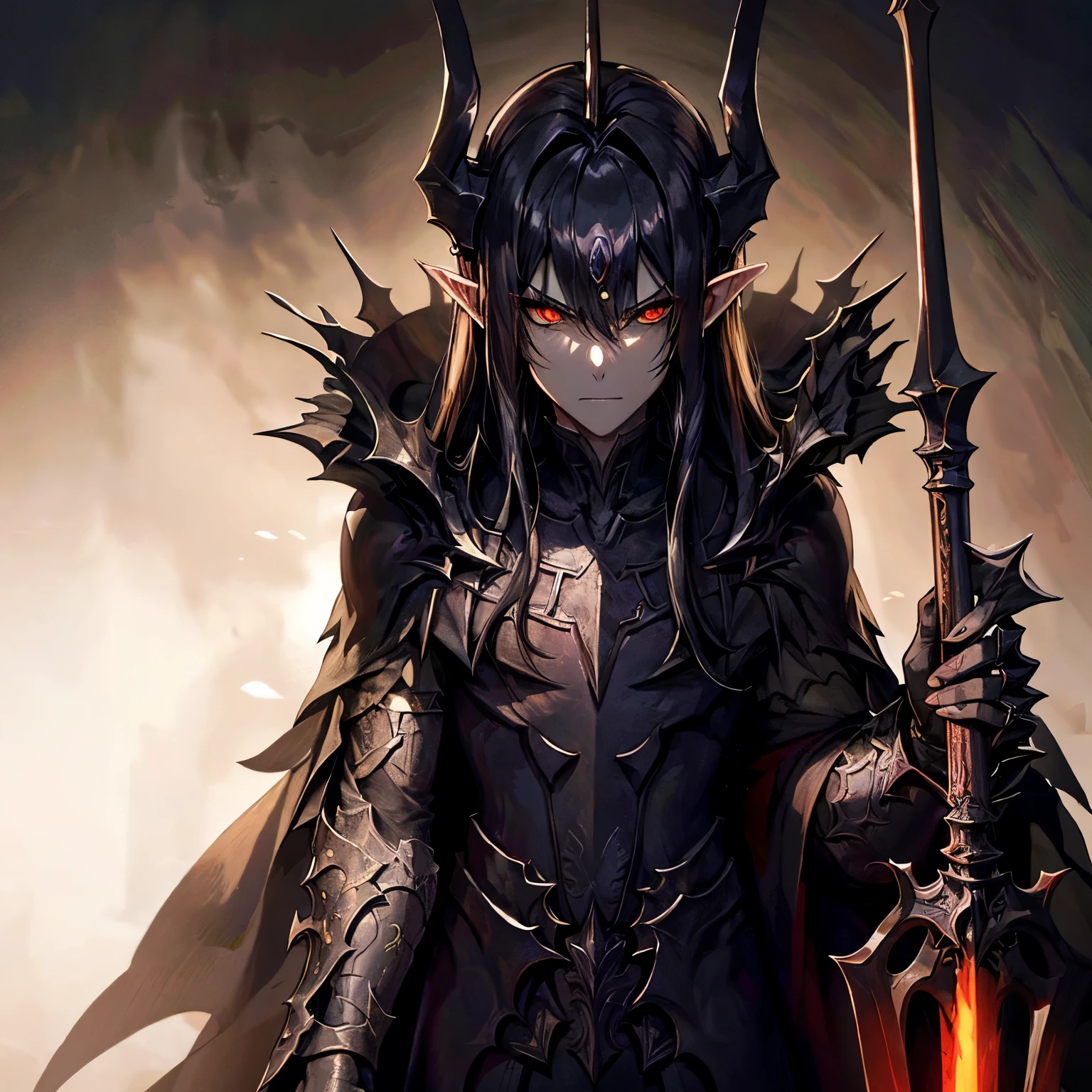 Long black hair, pale skin, beautiful refined face, golden fiery eyes with a vertebral pupil, black demonic robe, with black decorations, male, elf, lord of darkness,