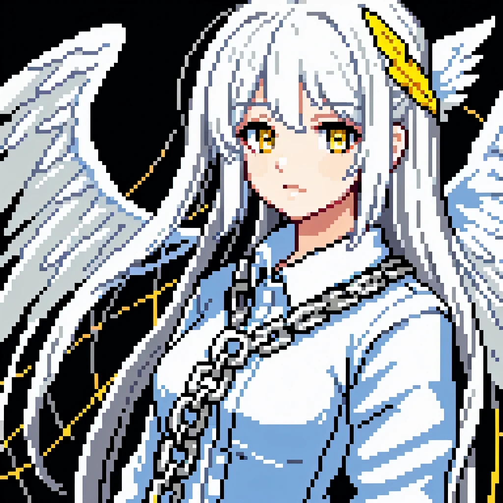 Masterpiece, Best quality, Ultra-detailed, illustration, Close-up, straight on, 1girll, White hair, Yellow eyes, angel, Chains,Masterpiece,Fancy background,Fire,downpours