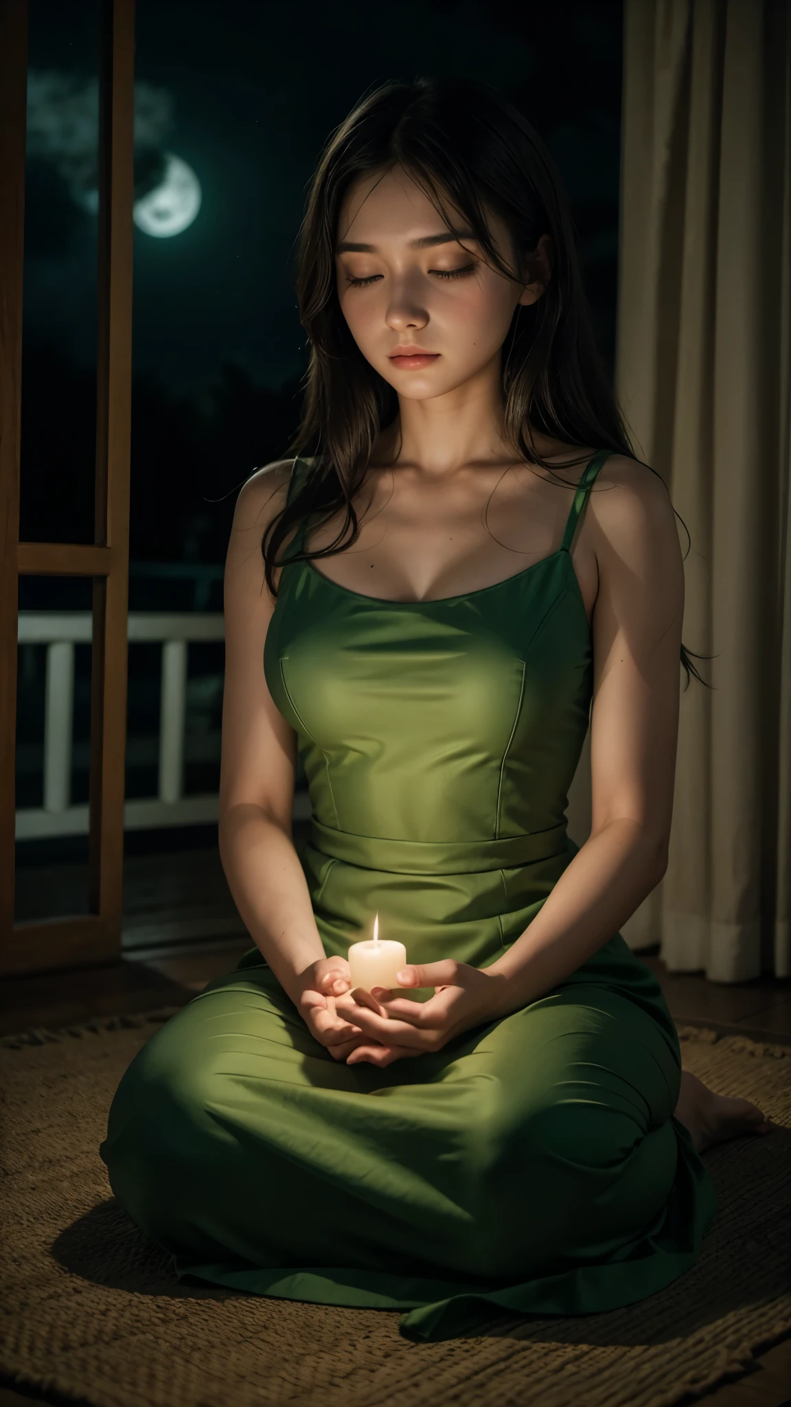 [woman meditating in green dress [focusing] ] [under the moonlight] and lights in hands]