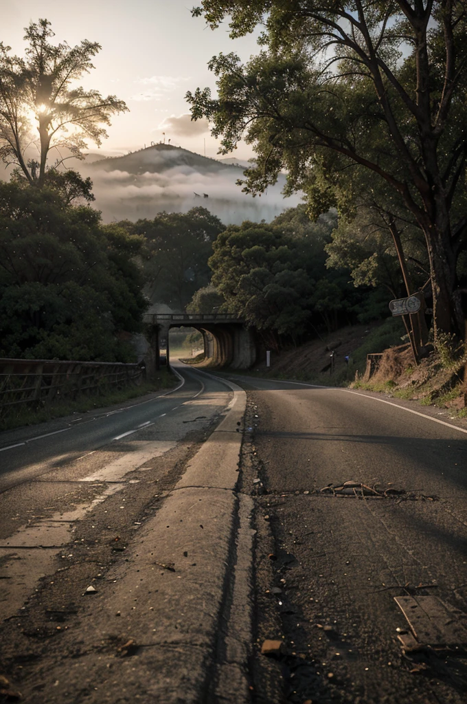 "On a narrow, deserted country road at dusk, an abandoned bicycle is lying on its side, with a wheel still turning slowly. The scenery is shrouded in thick fog that obscures distance vision.. Next to the bike, a narrow, winding path leads to an old, rusty bridge that stretches over a dark, turbulent river. Faded warning signs warn of the fragility of the bridge and the presence of wild animals in the area. in floor, skid marks and signs of struggle are partially visible in the dirt. The environment is silent, except for the distant sound of nocturnal animals. The scene is full of suspense and mystery, suggesting that something dangerous has happened or is about to happen while cycling this isolated and treacherous trail."