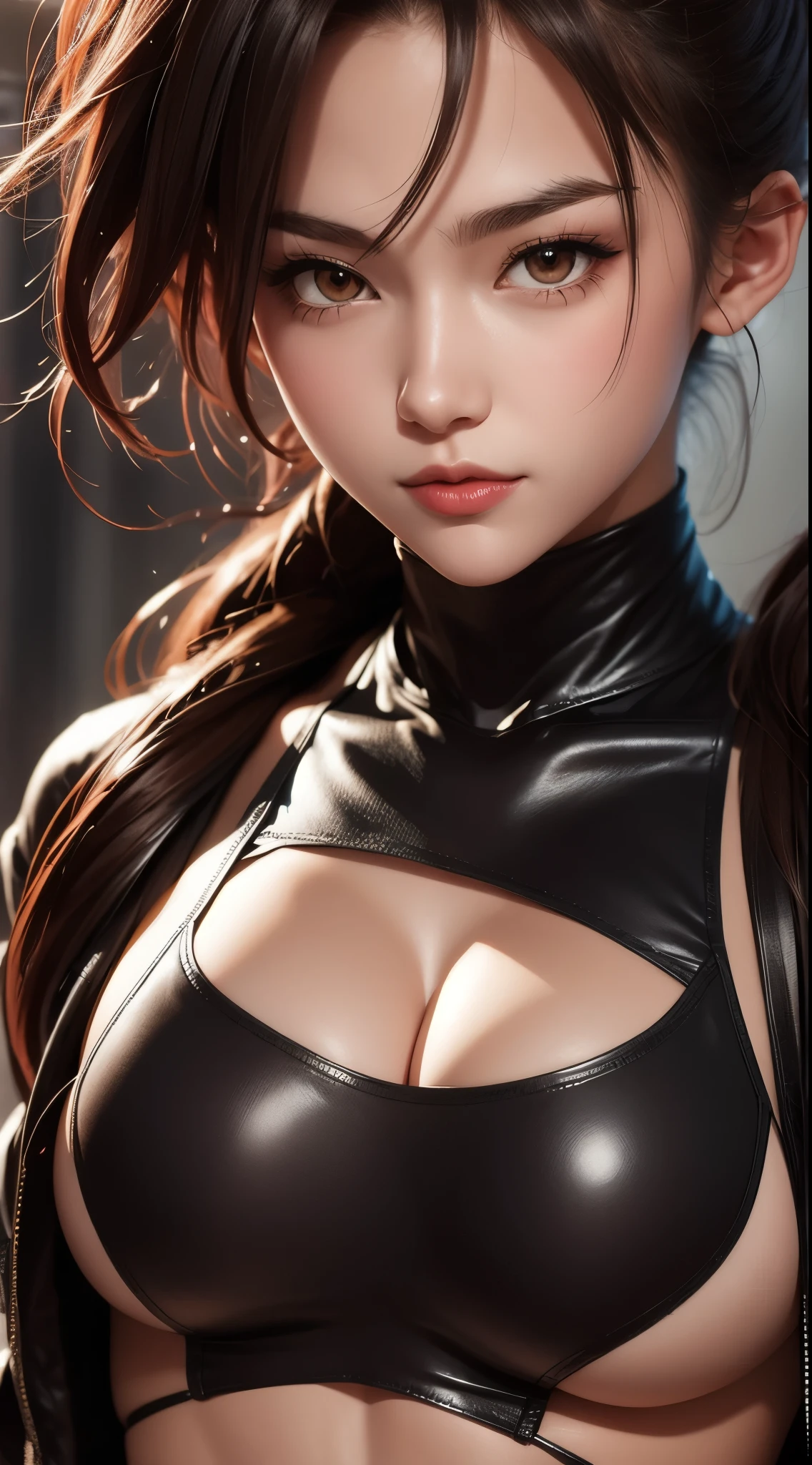 Immerse yourself in the world of game art with this visually diverse and creative half-length photo of a 20-year-old girl, featuring a close-up of her detailed eyes and large breasts.