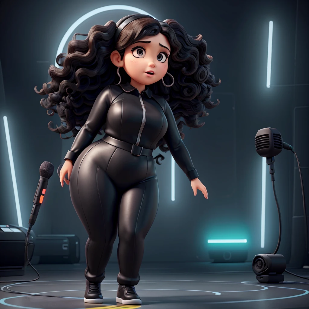 1 fat woman, black, shoulder length dark brown curly hair ,GTA style artwork ,illustration, digitl art,black vinyl dress, GTA art bright colors,(hyperdetail:1.15), glamorous style, best qualityer, high détail, palco show ((Neon lighting)), ((cyber punk)),smooth light,satirical,ass exaggerated, swirly vibrant colors, a close-up of a woman in black clothing holding a microphone, acting on stage, live show, she has a round and fat belly, wearing atsuko latex outfit, acting, vocalist