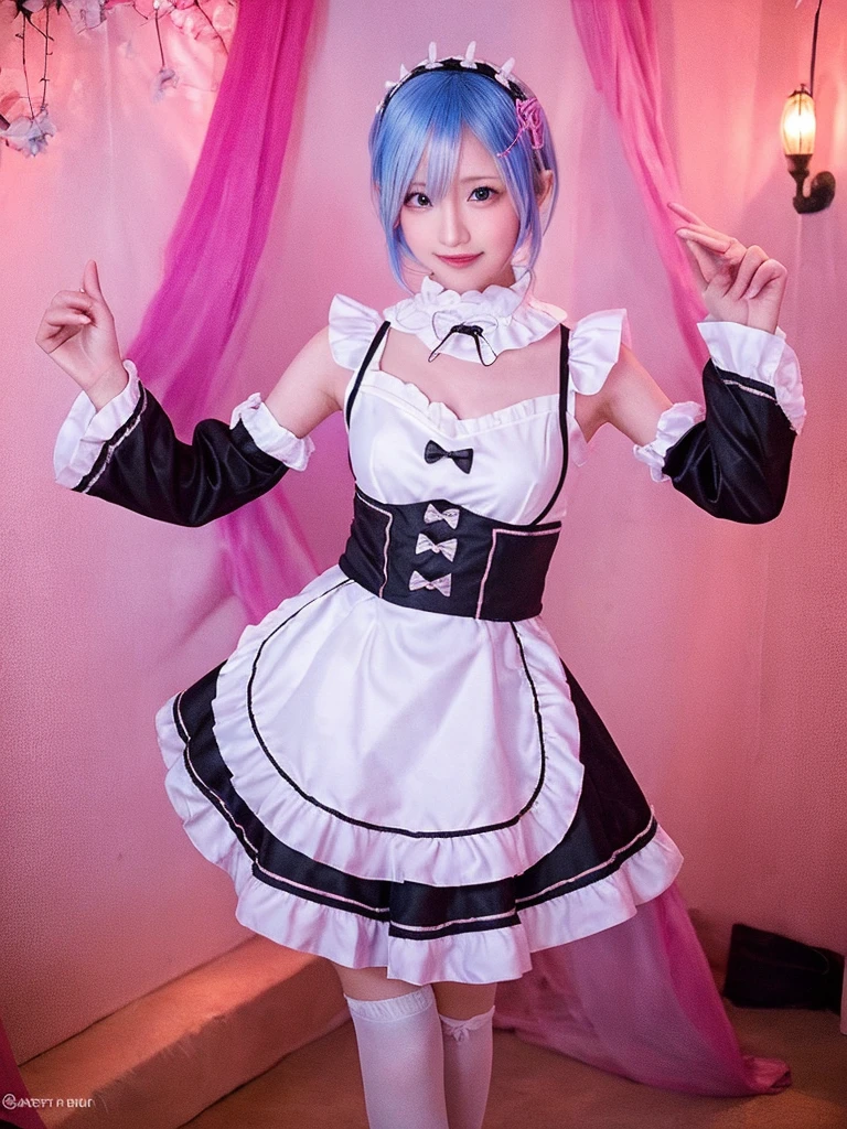 masterpiece, best quality, ultra-detailed, illustration, epic lighting, cinematic composition, colorful, sidelighting, lustrous skin, realistic, 3d face, (finely detailed beautiful eyes: 1.2), 1girl, rem_\(re:zero\),cute, medium breasts, blue hair, short hair, (hair over one eye:1.3), eyes_visible_through_hair, blue eyes, roswaal_mansion_maid_uniform, (head tilt:1.2), standing, close-up, fantasy, summer, night sky, stars, nebula, blue flowers, garden, blue roses, moonlight, peaceful, serenity, (8k:1.1),