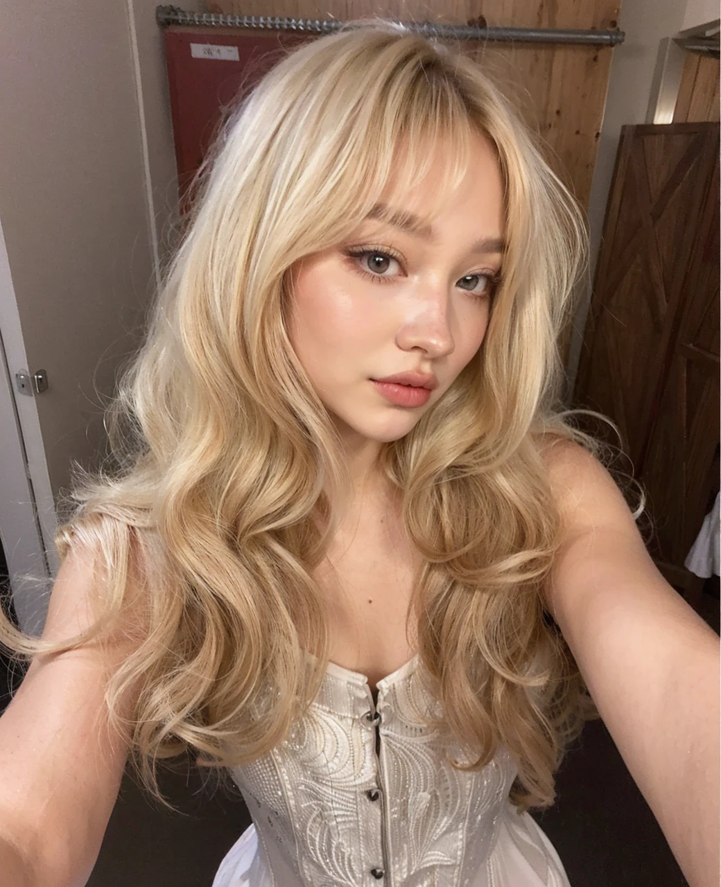 blonde woman with long hair and white dress posing for a photo, A girl with blonde hair, with long blonde hair, linda mulher sul-korean, parque roseanne de blackpink, long blonde hair and big eyes, white hime cut hairstyle, fair skin curly blonde hair, with white long hair, Linda jovem korean,  korean, Heonhwa Choe