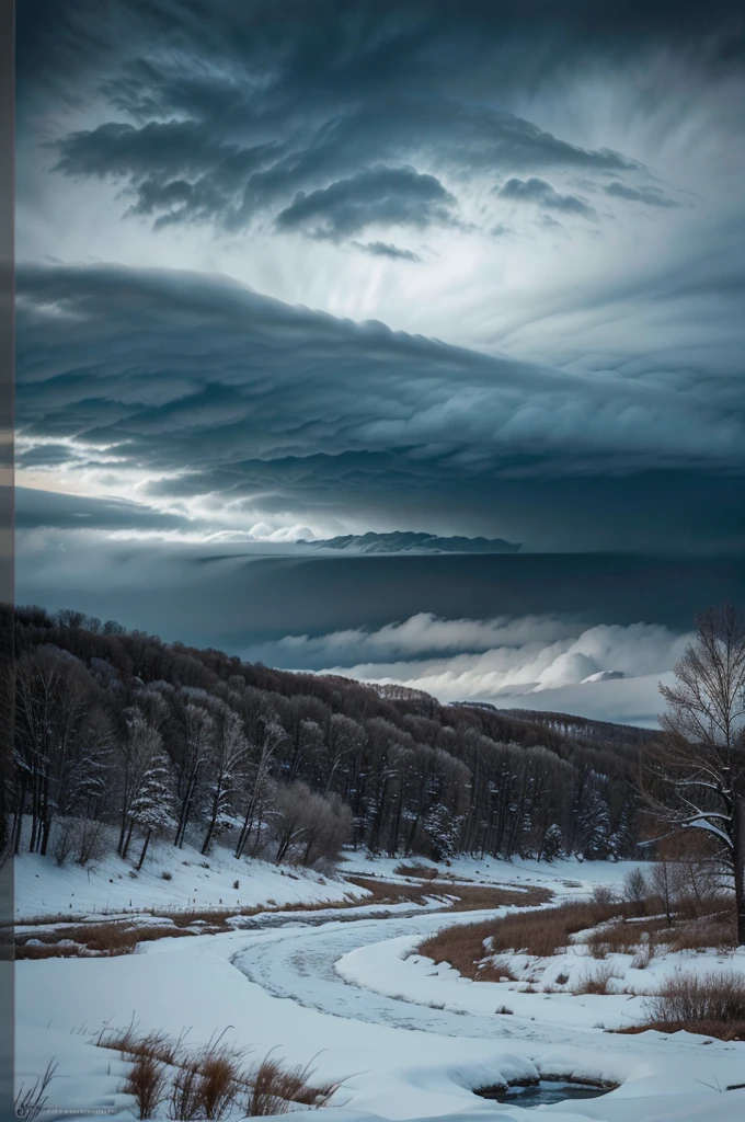a snowy landscape in Nebraska, a blizzard on the Platte River, dark clouds, swirling snow, bare trees, icy water, shivering wildlife, cold wind, frozen landscape, desolate winter scene, dramatic lighting, moody atmosphere, high contrast, blue tones, muted colors, (best quality, 8k, hyper-detailed, cinematic, photorealistic:1.4), masterpiece, (intricate details:1.2), extreme winter, rural countryside, remote location, atmospheric perspective, volumetric fog, snow flurry, (dramatic lighting:1.1), (dramatic composition:1.1), (realistic textures:1.1), (depth of field:1.1)
