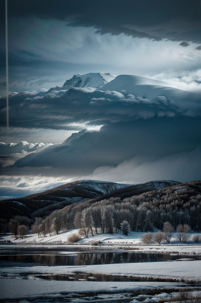 a snowy landscape in Nebraska, a blizzard on the Platte River, dark clouds, swirling snow, bare trees, icy water, shivering wildlife, cold wind, frozen landscape, desolate winter scene, dramatic lighting, moody atmosphere, high contrast, blue tones, muted colors, (best quality, 8k, hyper-detailed, cinematic, photorealistic:1.4), masterpiece, (intricate details:1.2), extreme winter, rural countryside, remote location, atmospheric perspective, volumetric fog, snow flurry, (dramatic lighting:1.1), (dramatic composition:1.1), (realistic textures:1.1), (depth of field:1.1)