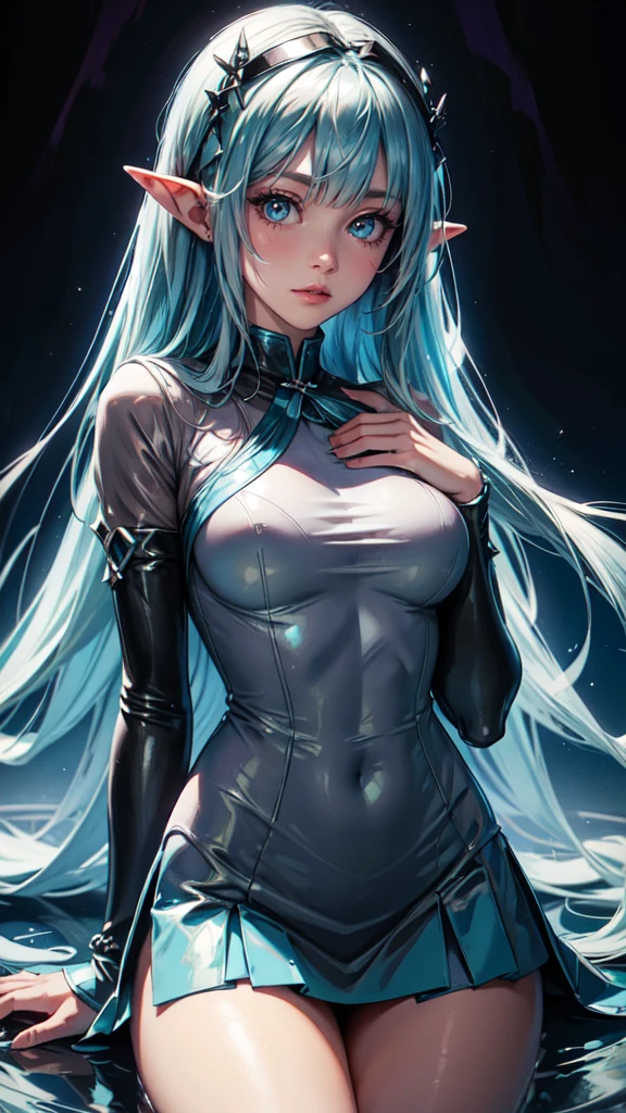 ,blue theme, Hatsune Miku portrait，masterpiece, magic , (impossible clothes:1.5), Miniskirt, gradient background, silver blue hair, , blunt bangs,side lock, pink eyes, (ulzang-6500-v1.1:0.9), Medium breast, breast, Thigh clearance, hair accessories, Arched back, Black_witch_have,complex_deco,mystery_fountain,luminescent_crystal
detailed eyes, detailed hands, detailed face, elf girl, full body