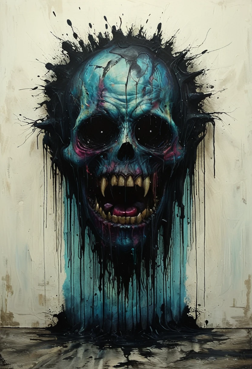 Monstrous entity emerging from dark corner, Overcast Light, Gorgeous splash of vibrant paint