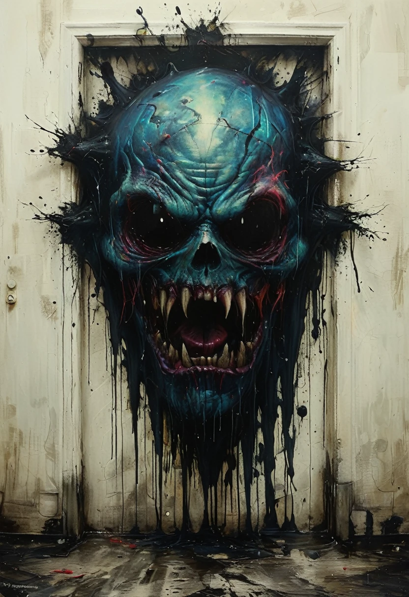 Monstrous entity emerging from dark corner, Overcast Light, Gorgeous splash of vibrant paint