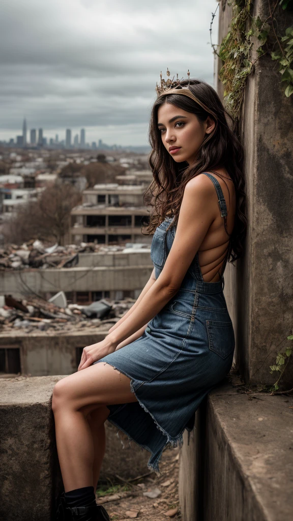 A beautiful European women, queen, Leaning on a wall, in profile, full body, wearing torn dress, long dress, bone crown, grey sky, Post-Apocalyptic city, lianas, trees, vines. She is 24 years old, has black hair, long hair, curly hair and black eyes. Her cloth is stylish and her overall appearance is stunning. The girl's face is extremely detailed with beautifully detailed lips. Her skin is anatomically correct with realistic textures. The image should have super high details and be of the best quality, with a resolution of 8K. The final result should be a masterpiece, showcasing the girl's beauty and the vibrant atmosphere of The destroyed Post-Apocalyptic city, trees and vines