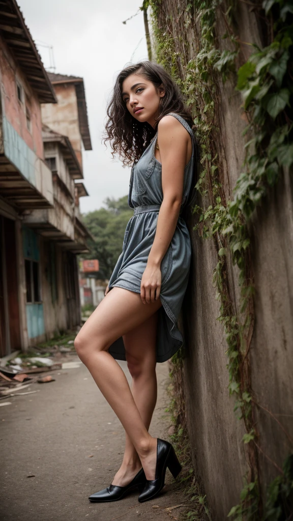A beautiful European women, queen, Leaning on a wall, in profile, full body, wearing torn dress, long dress, bone crown, grey sky, Post-Apocalyptic city, lianas, trees, vines. She is 24 years old, has black hair, long hair, curly hair and black eyes. Her cloth is stylish and her overall appearance is stunning. The girl's face is extremely detailed with beautifully detailed lips. Her skin is anatomically correct with realistic textures. The image should have super high details and be of the best quality, with a resolution of 8K. The final result should be a masterpiece, showcasing the girl's beauty and the vibrant atmosphere of The destroyed Post-Apocalyptic city, trees and vines