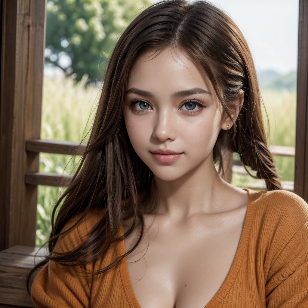 8K,Best quality, masterpiece, ultra high res, (photorealistic:1.4), raw photo, (Authentic skin texture:1.3), (film grain:1.3), 1girl, beautiful detailed eyes and face,masterpiece, best quality,(upper half body shot portrait), (gorgeous woman), (casual orange color outfit with cleavage), nature landscape, spanish, perfect big eyes, perfect pupils, expressive eyes, makeup, natural makeup, looking straight at camera, professional color grading, beautiful lips, light skin, ponytail, expressionless, super detail, high details, high quality, award winning, best quality, highres, ironic smile
