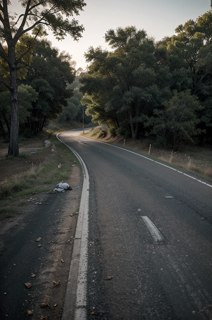 "On a narrow, deserted country road at dusk, a bicycle is lying on its side, with a wheel still turning slowly. The scenery is shrouded in thick fog that obscures distance vision.. Next to the bike, a narrow, winding path leads to an old, rusty bridge that stretches over a dark, turbulent river. Faded warning signs warn of the fragility of the bridge and the presence of wild animals in the area. in floor, skid marks and signs of struggle are partially visible in the dirt. The environment is silent, except for the distant sound of nocturnal animals. The scene is full of suspense and mystery, suggesting that something dangerous has happened or is about to happen while cycling this isolated and treacherous trail."