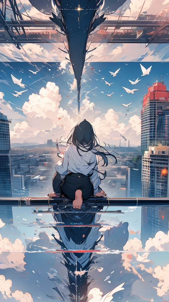 monochrome color、masterpiece, Exquisite detail,Highest quality, One girl, alone, handrail, cloud, Looking up at the buildings,Long Hair, NULL, Long sleeve, Power lines, White footwear, Black Hair, View your viewers, Electric pole, bangs, cloudy NULL, fish, bird, Green Eyes, Shorts, Day, Black Shirt, barefoot,Whale flying in the sky,Giant whale,night,star,milky way,night,Pitch black,Buildings,Sitting