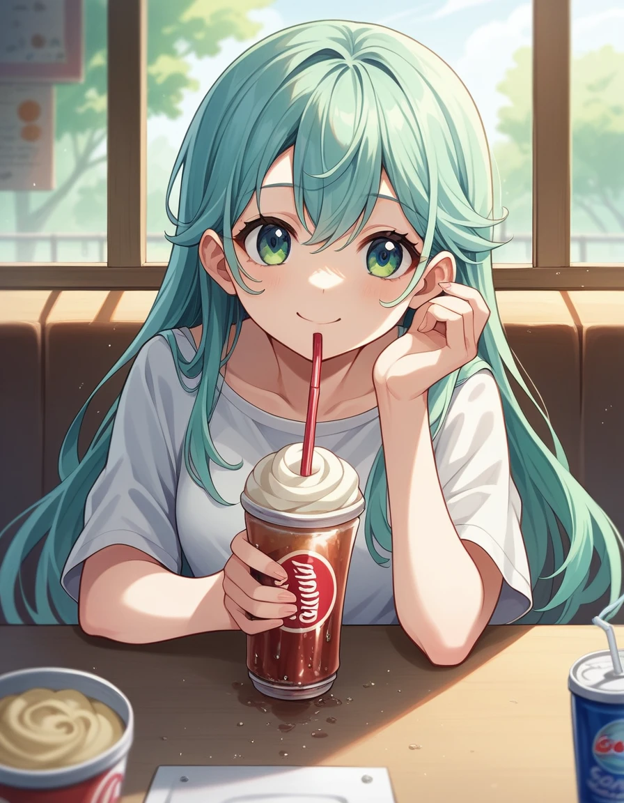 Anime girl drinking a green drink at a table by a window, Light blue long hair、Twin-tailed Girl、Bright smile、cream soda、Cute realistic portrait, Smooth anime CG art, with a drink, Cute girl anime visuals, Soda themed girl, Cute Anime Girl, Anime Moe Art Style, With a straw, Splash art anime