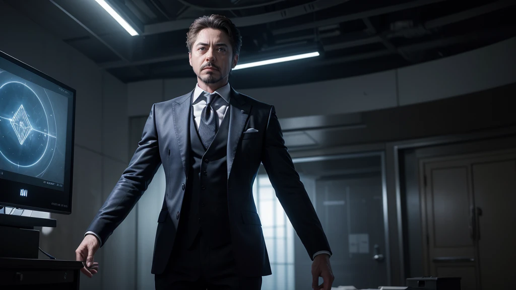 Tony Stark stands tall, dressed in an elegant suit that reflects his image as a sophisticated businessman. His eyes, intense and thoughtful, gaze ahead with a mix of determination and contemplation. Sunlight filters through the surroundings, creating a play of shadows that dance across Tony's face, highlighting his strong features and well-groomed beard. He tilts his head slightly, as if absorbing the moment's significance. The lines on his face show a mixture of admiration and reflection, as if finding a point of connection between his own life and deeper philosophical thoughts.Next to him, a holographic screen projected by ZipLinux 8 displays detailed information and various analytical data. ZipLinux 8, the latest operating system developed by Tony Stark, analyzes and compiles data in real-time, offering insights and information. The holographic interface floats in the air, with graphics and texts rearranging themselves as Stark interacts with them, gently touching the projections to access more details.ZipLinux 8 narrates with a calm, robotic voice, highlighting passages and data that resonate with Stark's personal and professional experiences. The advanced technology creates a link between past knowledge and future innovation, seamlessly blending philosophy with cutting-edge development.Absorbed in thought, Stark murmurs to himself, "The true measure of a man is how he faces adversity, whether commanding an empire or developing new technology."