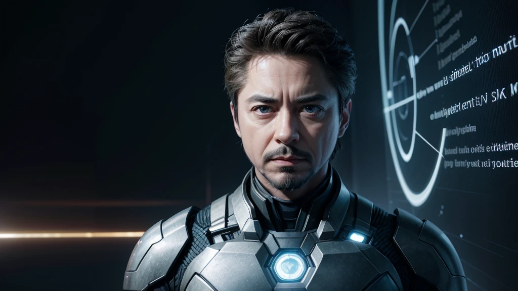 Tony Stark stands tall, dressed in an elegant suit that reflects his image as a sophisticated businessman. His eyes, intense and thoughtful, gaze ahead with a mix of determination and contemplation. Sunlight filters through the surroundings, creating a play of shadows that dance across Tony's face, highlighting his strong features and well-groomed beard. He tilts his head slightly, as if absorbing the moment's significance. The lines on his face show a mixture of admiration and reflection, as if finding a point of connection between his own life and deeper philosophical thoughts.Next to him, a holographic screen projected by ZipLinux 8 displays detailed information and various analytical data. ZipLinux 8, the latest operating system developed by Tony Stark, analyzes and compiles data in real-time, offering insights and information. The holographic interface floats in the air, with graphics and texts rearranging themselves as Stark interacts with them, gently touching the projections to access more details.ZipLinux 8 narrates with a calm, robotic voice, highlighting passages and data that resonate with Stark's personal and professional experiences. The advanced technology creates a link between past knowledge and future innovation, seamlessly blending philosophy with cutting-edge development.Absorbed in thought, Stark murmurs to himself, "The true measure of a man is how he faces adversity, whether commanding an empire or developing new technology."