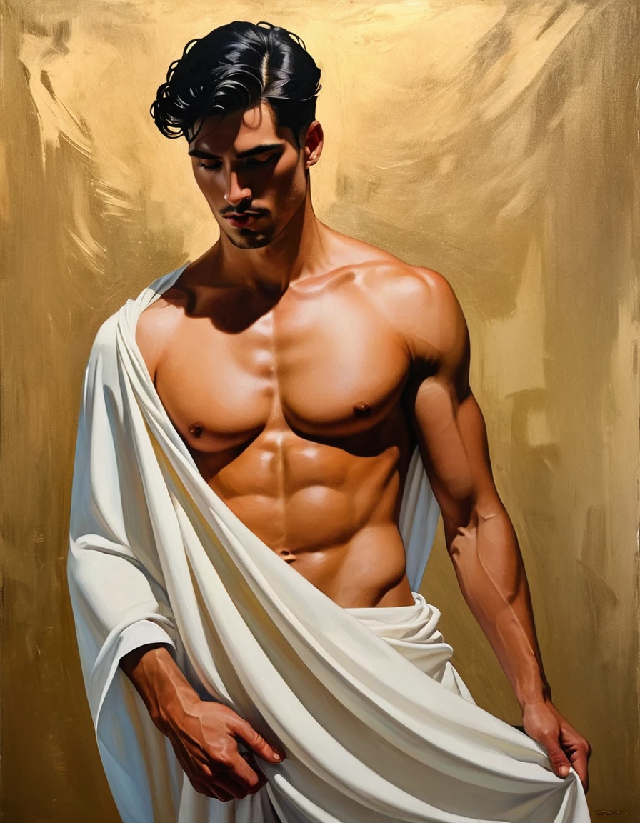 chiaroscuro technique on sensual illustration of an arafed man in white drapes, sexy masculine, diego fazio, male model, by Ludovit Fulla, model with attractive body, inspired by Ludovit Fulla, mid-shot of a hunky, the model draped in flowing, thick oil painting by Harumi Hironaka, extremely soft colors, vibrant, highly detailed, malcolm liepke painting, oil on canvas, high contrast, dramatic, refined, tonal, Troy Brooks: While primarily a surrealist painter, some of his works incorporate collage-like elements. Mixed Media: Use of different materials and techniques, such as paint, paper, and digital elements.
