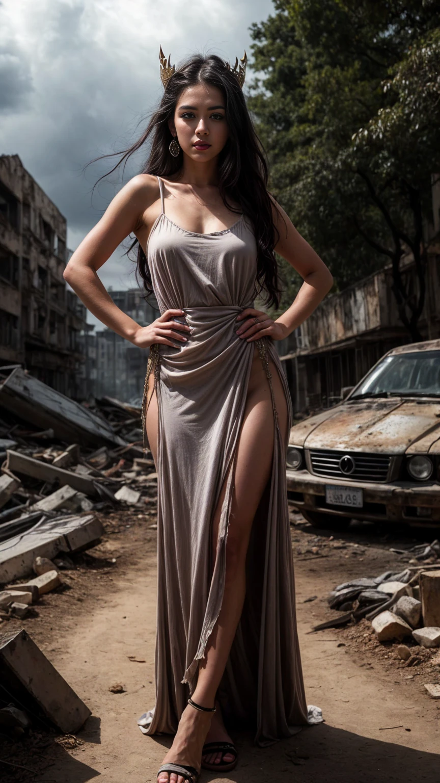 A beautiful European women, queen, full body, hands on hips, wearing torn dress, long dress, bone crown, grey sky, Post-Apocalyptic city, lianas, trees, forest. She is 24 years old, has black hair, long hair, curly hair and black eyes. Her cloth is stylish and her overall appearance is stunning. The girl's face is extremely detailed with beautifully detailed lips. Her skin is anatomically correct with realistic textures. The image should have super high details and be of the best quality, with a resolution of 8K. The final result should be a masterpiece, showcasing the girl's beauty and the vibrant atmosphere of The destroyed Post-Apocalyptic city and forest
