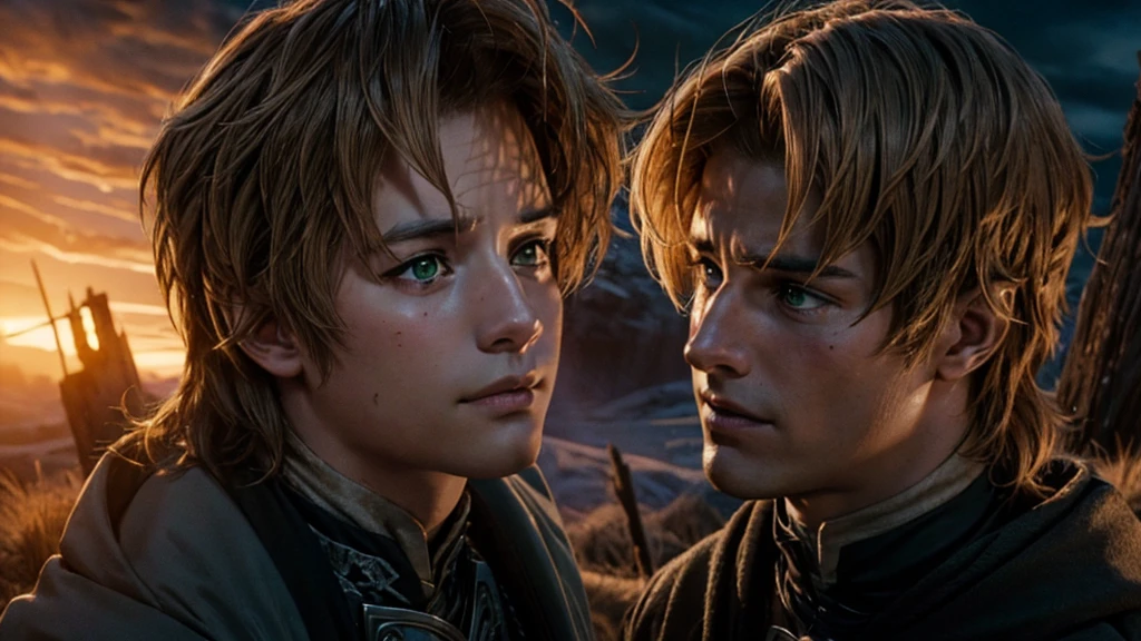 A young man in realistic portrait of high quality and detail, 2000's movie style, Rudeus Greyrat (Mushoku Tensei), a tall, well-built young man with a handsome appearance. He has light brown hair and green eyes, and he also has a mole under his left eye, dark and mysterious atmosphere, pale skin, glow, solo, 1man, fantasy, Depth & Perspective, Mystical powers, fine face, he standing on a hill, outside, burning forest in the background, a fiery sky, a cloud of ashes, looking at viewer, (ultra-high detail:1.2), Masterpiece, Best Quality, Ultra-detailed, Cinematic lighting, 8K, delicate features, cinematic, 35 mm lens, f/1.9, highlight lighting, global lighting –uplight –v 4, cinematic, intense gaze, Cinematic lighting, 8K, high quality, Highest Quality, (Solo Focus), (extremly intricate:1.3), (Realistic), dramatic, masterful, Analog style, (Film grain:1.5), (warm hue, cold tone)