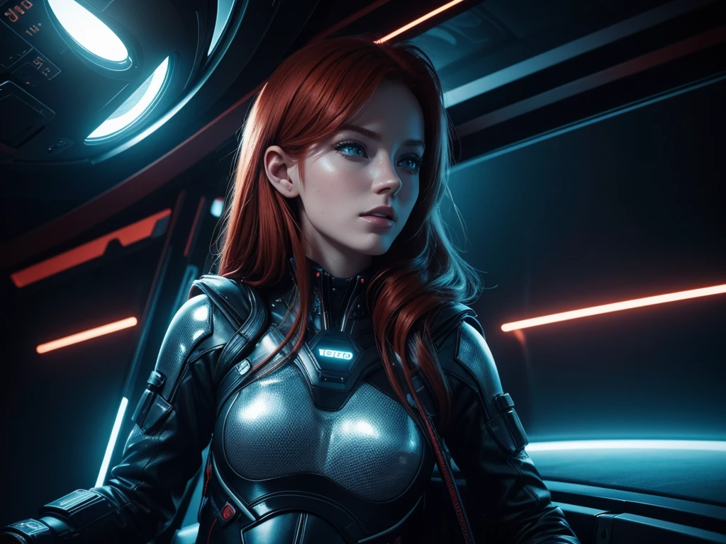 a beautiful redheaded girl, erotic, hiding face, barely naked, playing music in space, (best quality,4k,8k,highres,masterpiece:1.2),ultra-detailed,(realistic,photorealistic,photo-realistic:1.37),stunning detailed face and eyes, beautiful detailed lips, extremely detailed features, intricate futuristic space background, dramatic lighting, cinematic composition, vibrant colors, glowing neon lights, surreal atmosphere, digital art