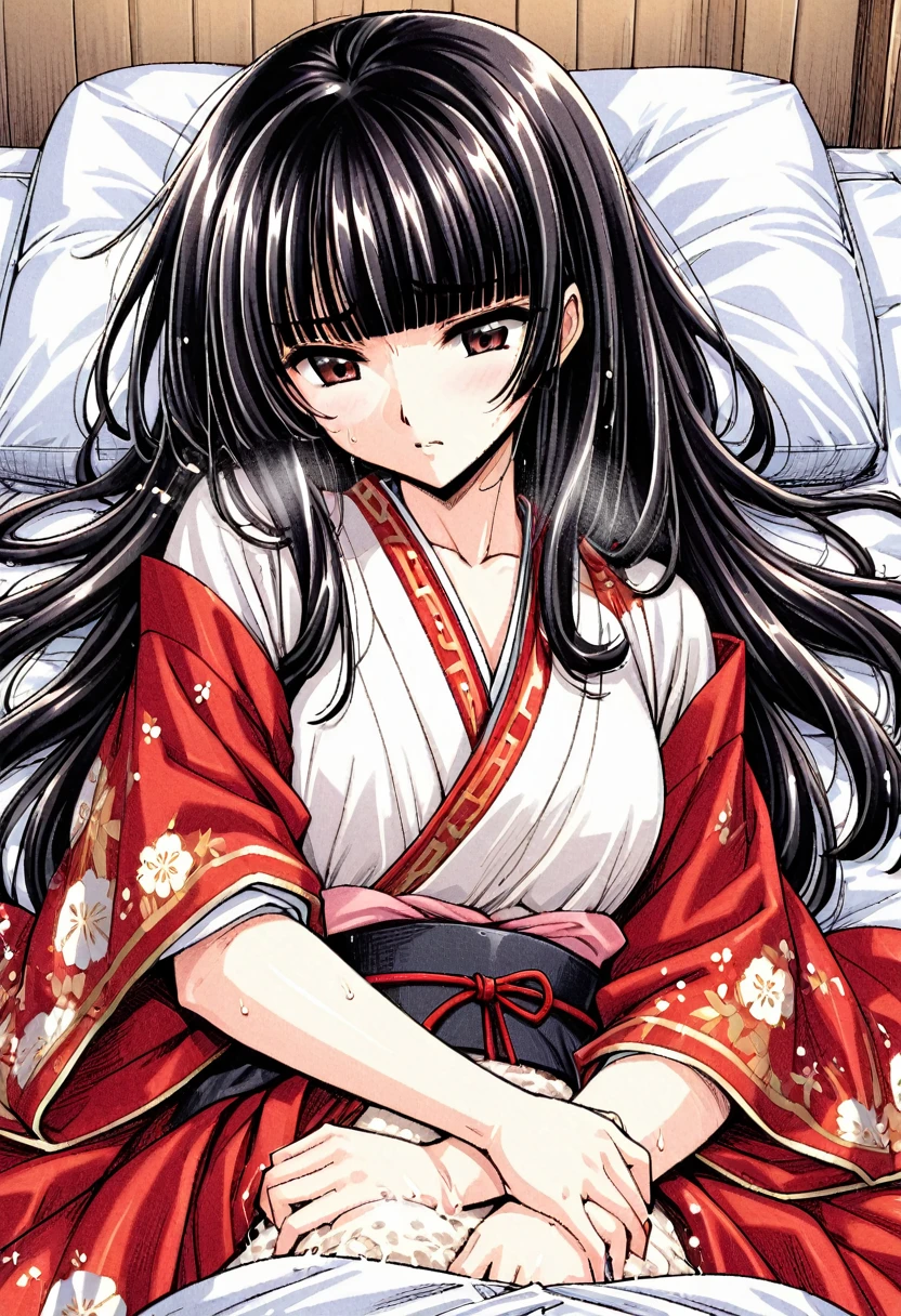 A beautiful Japanese princess from the Sengoku period wearing a gorgeous embroidered red robe over her white kimono Long black straight hime cut She is raped, made to lie on her back on the futon, and masturbates while being covered in semen.