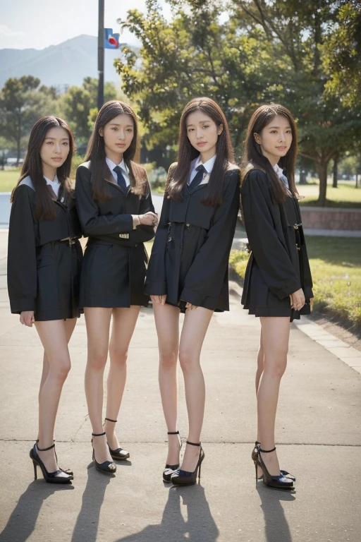 ((Original Photography，best quality，8K))，((Photography Art：1.3))，Five girls standing together，((Very detailed face))，Delicate eyes，Graduation photo,  Wearing academic dress, Slender long legs，High heel，postgraduate, Very detailed details，Photo taken in 2023, happy 