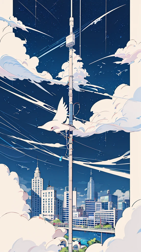 monochrome color、masterpiece, Exquisite detail,Highest quality, One girl, alone, handrail, cloud, Looking up at the buildings,Long Hair, NULL, Long sleeve, Power lines, White footwear, Black Hair, View your viewers, Electric pole, bangs, cloudy NULL, fish, bird, Green Eyes, Shorts, Day, Black Shirt, barefoot,Whale flying in the sky,Giant whale,night,star,milky way,night,Pitch black,Buildings,Sitting