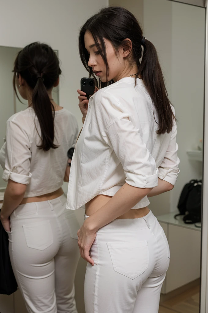 woman with black hair. Mince. White shirt. with white pants. She takes photos behind the mirror, her head is hidden by her iPhone