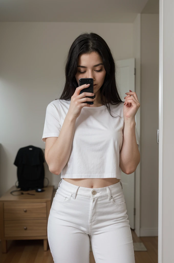 woman with black hair. Mince. White shirt. with white pants. She takes photos behind the mirror, her head is hidden by her iPhone