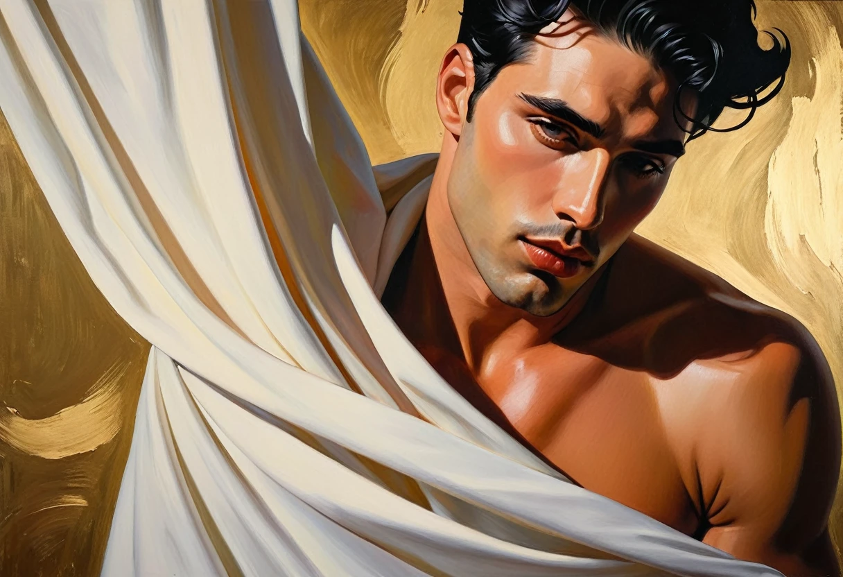 chiaroscuro technique on sensual illustration of an arafed man in white drapes, sexy masculine, diego fazio, male model, by Ludovit Fulla, model with attractive body, inspired by Ludovit Fulla, mid-shot of a hunky, the model draped in flowing, thick oil painting by Harumi Hironaka, extremely soft colors, vibrant, highly detailed, malcolm liepke painting, oil on canvas, high contrast, dramatic, refined, tonal, Troy Brooks: While primarily a surrealist painter, some of his works incorporate collage-like elements.