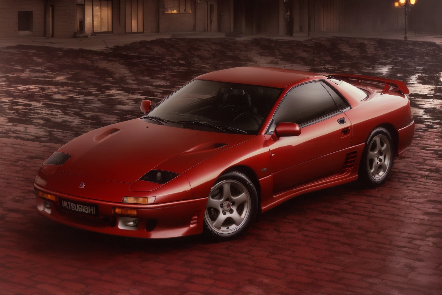 Stylized digital art Marker style Grigory Bars  red sports car parked on cobblestone pavement in urban setting, 90s red sports car, Mitisubishi GTO 3000 GT, 1992, 1 9 9 2, 1 9 9 0, 1990, 1991, 1 9 9 1, 1 9 9 3, 1993, 1994