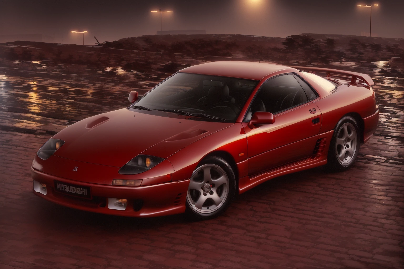 Stylized digital art Marker style Grigory Bars  red sports car parked on cobblestone pavement in urban setting, 90s red sports car, Mitisubishi GTO 3000 GT, 1992, 1 9 9 2, 1 9 9 0, 1990, 1991, 1 9 9 1, 1 9 9 3, 1993, 1994